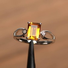 2Ct Lab-Created Yellow Citrine Three-Stone Engagement Ring 14K White Gold Plated