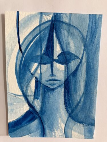 Mini ATC peinture acrylique abstraite originale femme bleue ACEO - Sandra Wardell - Photo 1 sur 2