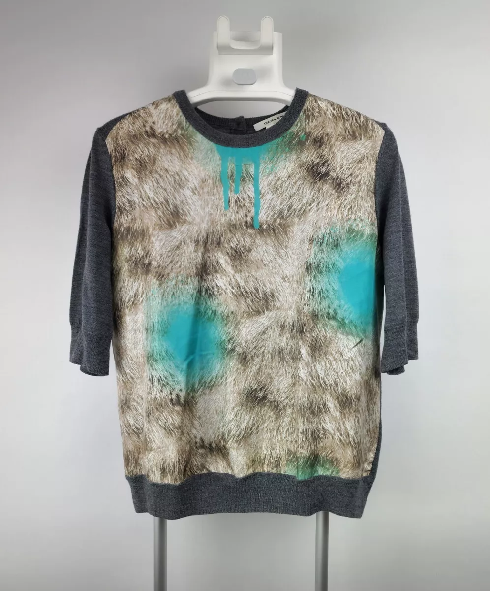 Carven Silk Panel Fur Print Merino Wool Knit Jumper Top Short Sleeve Size L