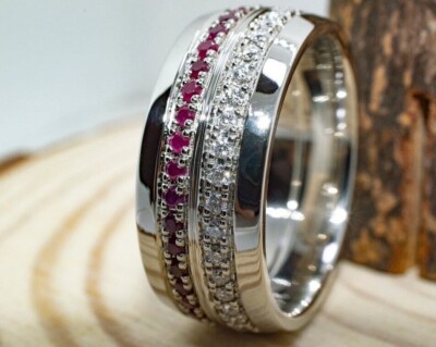 Round Cut Simulated Pink Ruby Eternity Stunning Band Ring 14K White Gold Plated