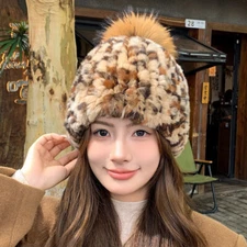 Winter Women Warm Rex Rabbit Fur Raccoon fur Hat Outdoor Fluffy Knitted Hat Cap
