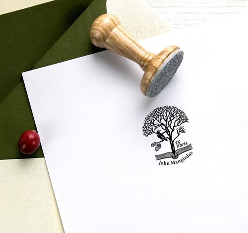 Ex libris Crow Raven Sitting Oak Rubber Stamp Personalized, Special Gift Box - Picture 6 of 8