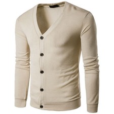 Men's Long Sleeve Jumper Knitwear Warm Tops Plain Knitted V Neck Button Cardigan