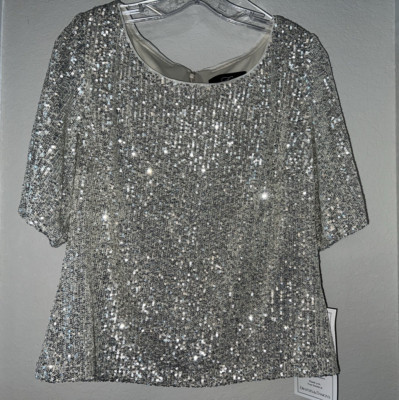 Draper's & Damon's Alex Evenings Silver Sequined Short Sleeve Top Size Large NWT