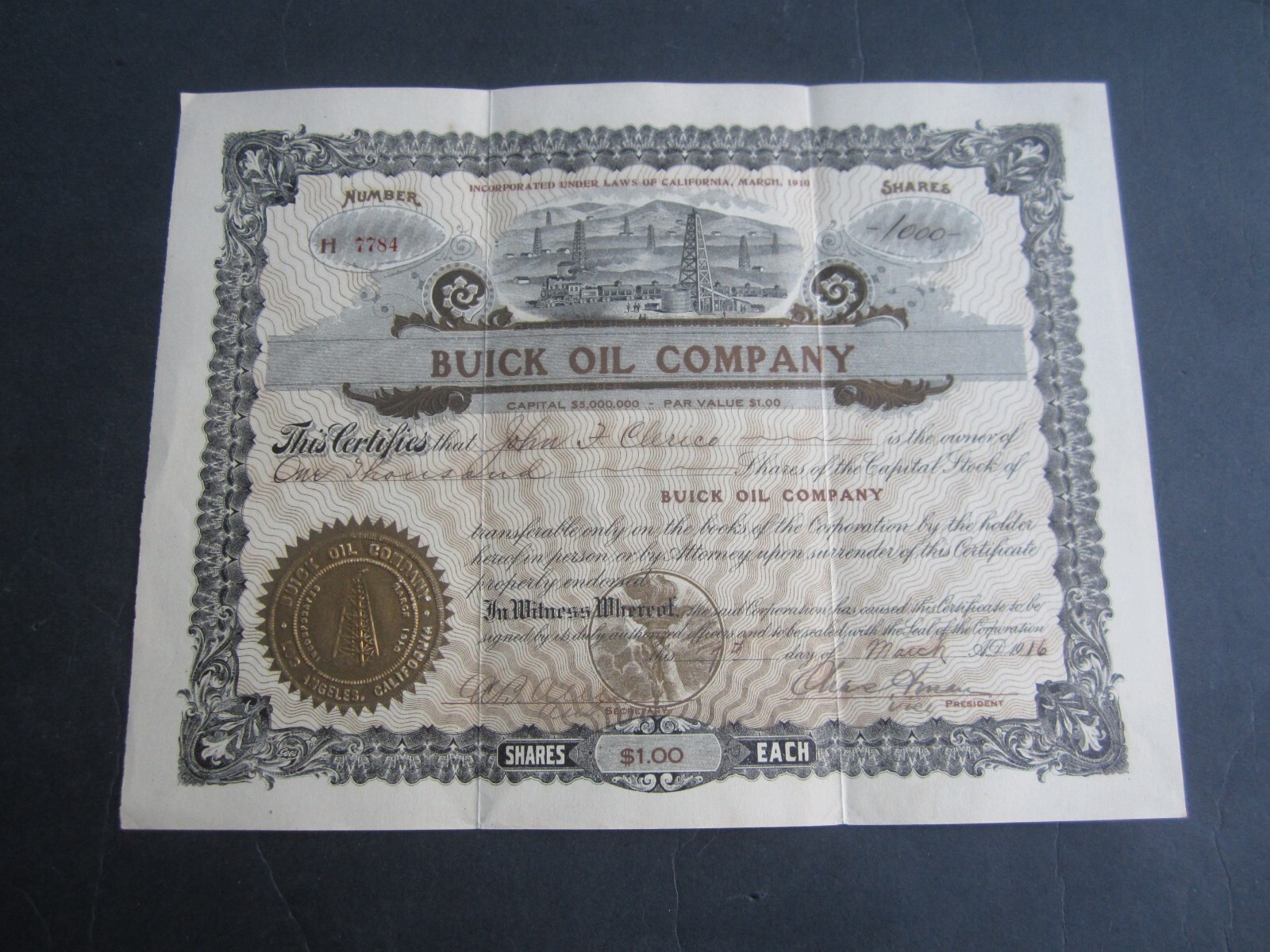 1916 - BUICK OIL COMPANY - Stock Certificate - LOS ANGELES CA.
