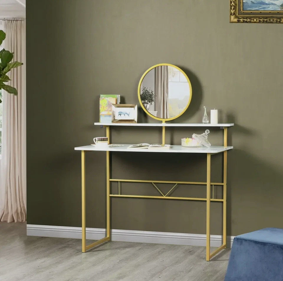 Modern Vanity Makeup Desk with Mirror-Marble White and Gold - Image 2 of 4