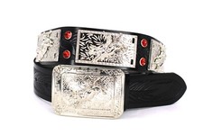 West Star Texas Concho Black Belt Bull Rider Red Rhinestones Strass for Pants 38