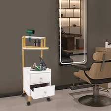 Two Storage Drawers Barber Cart W/4 Wheels Rolling Trolley Cart White And Gold