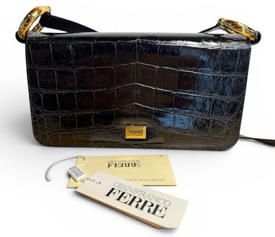 Vintage 90s Gianfranco Ferre Leather Croc Manilla Shoulder Bag Italy w Tag