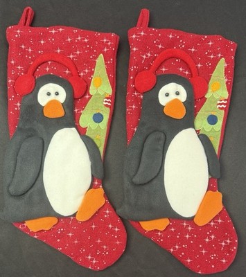 Vintage Santas Best Christmas Stocking Pair 3D Penguins Earmuffs 18'' Felt Red