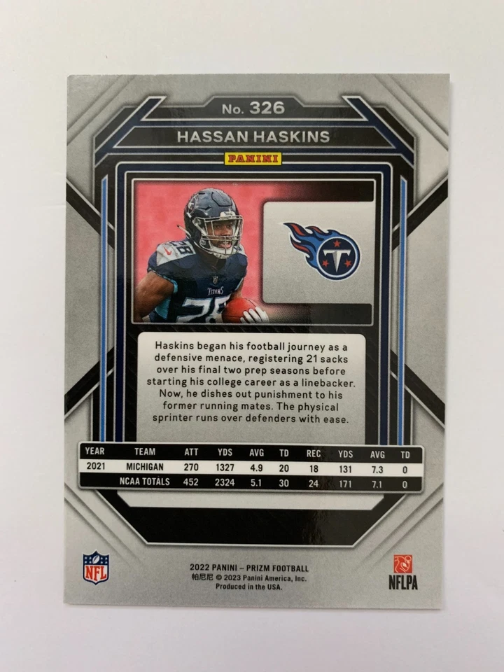 Hassan Haskins Rookie Base 2022 Panini Prizm Football #326 Titans RC - Image 2 of 2