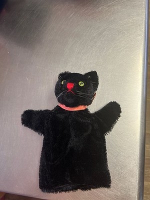 Vintage Steiff 1950s Black Mohair Tom Cat Hand Puppet with Green Eyes