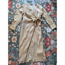 Zara Textured Wrap Midi Dress Beige Tan Crinkle Long Sleeve V-Neck Large