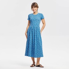 Women Short Sleeve Lace Trim Knit Dress - Universal Thread Blue Floral