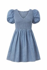 GAP Denim Smocked Dress Women’s Small Puff Sleeve Chambray Blue (Fall 2023)