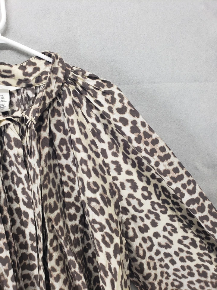 Blusa H&M Mujer Grande Marrón Estampado Leopardo Manga Larga Boho Hippie Plisada Top Foto 3 de 4