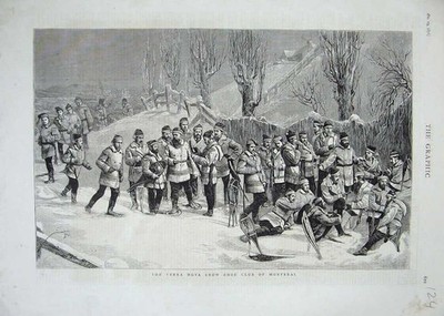 Original Old Antique Print 1876 Terra Nova Snow Shoe Club Montreal Sport Men