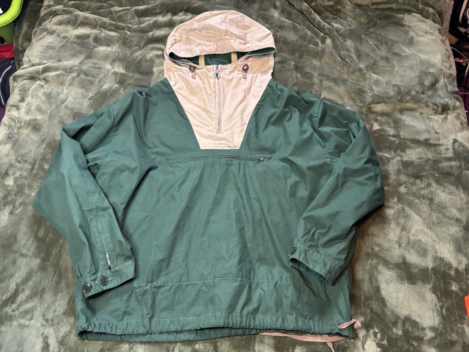 J Crew Oarsman Jacket Coat Mens Medium Green Beige Hooded Always Anorak Vintage