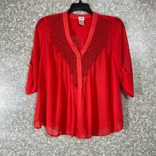Charming Charlie Women’s Red One Button Flowy Boho Top - Size Small - Lace Trim
