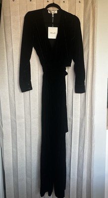 Diane von Furstenberg DVF Black Velvet Jumpsuit Sz 10 NWT Wrap Wide Leg Evening