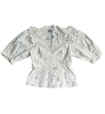 Sandro Blouse Exquisite Ribbed Top Floral Detailing Women s Size 2 Puff Sleeve