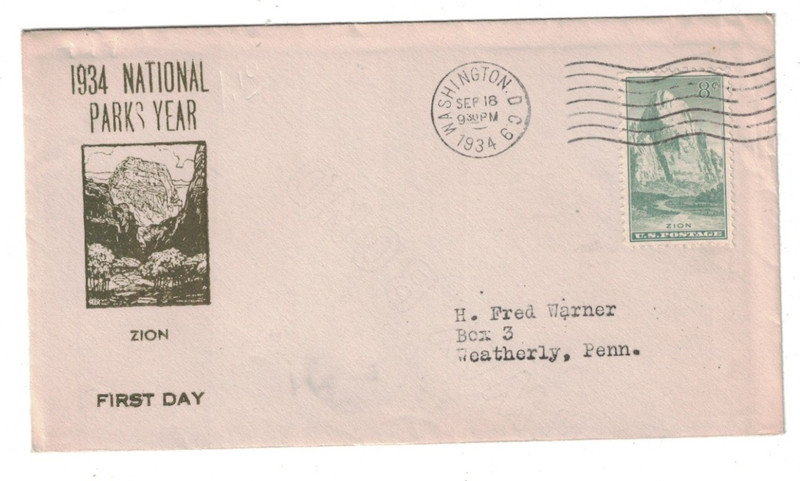 1934 FDC NATIONAL PARKS YEAR ZION CACHET