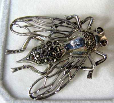 Vintage Deco Sterling Silver Marcasite Fly Brooch Figural Insect Filigree Bug