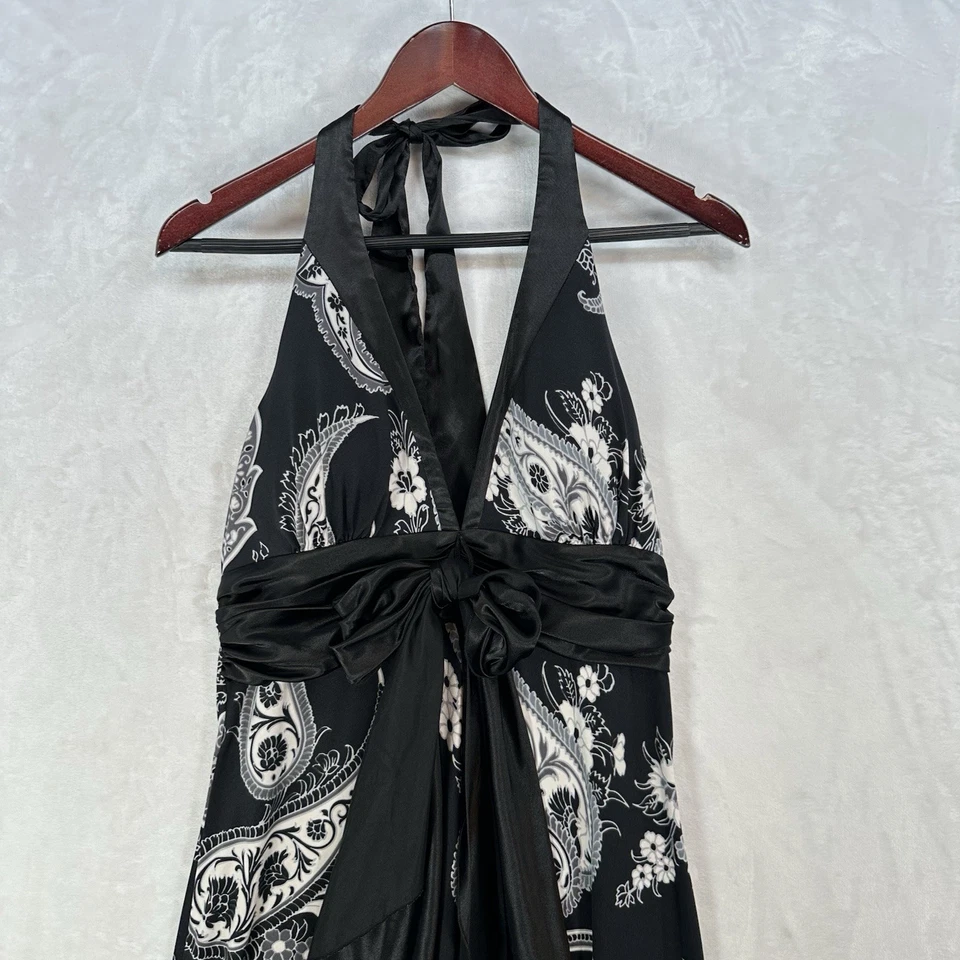 Vestido Vintage Alyn Paige Mujer L Negro Floral Maxi Satén Lazo Halter Y2K Elastizado Foto 2 de 4