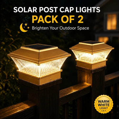 2 x Solar Powered White LED Outdoor Garden Post Deck Cap Square Fence Lights
