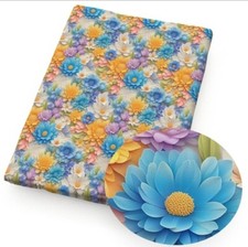 3D Flower Floral Blue Yellow white FAUX LEATHER SHEET 8" x 12" 1257178 SMOOTH