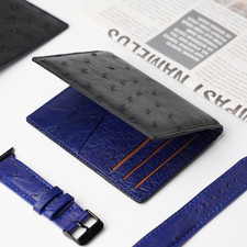 Genuine Black Blue Ostrich Leather Card Holder Real Skin Unisex Slim Wallet