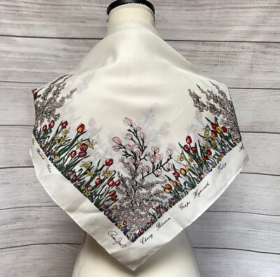 Cornelia James Floral White Silk Scarf Spring Flowers of British Isles 26''