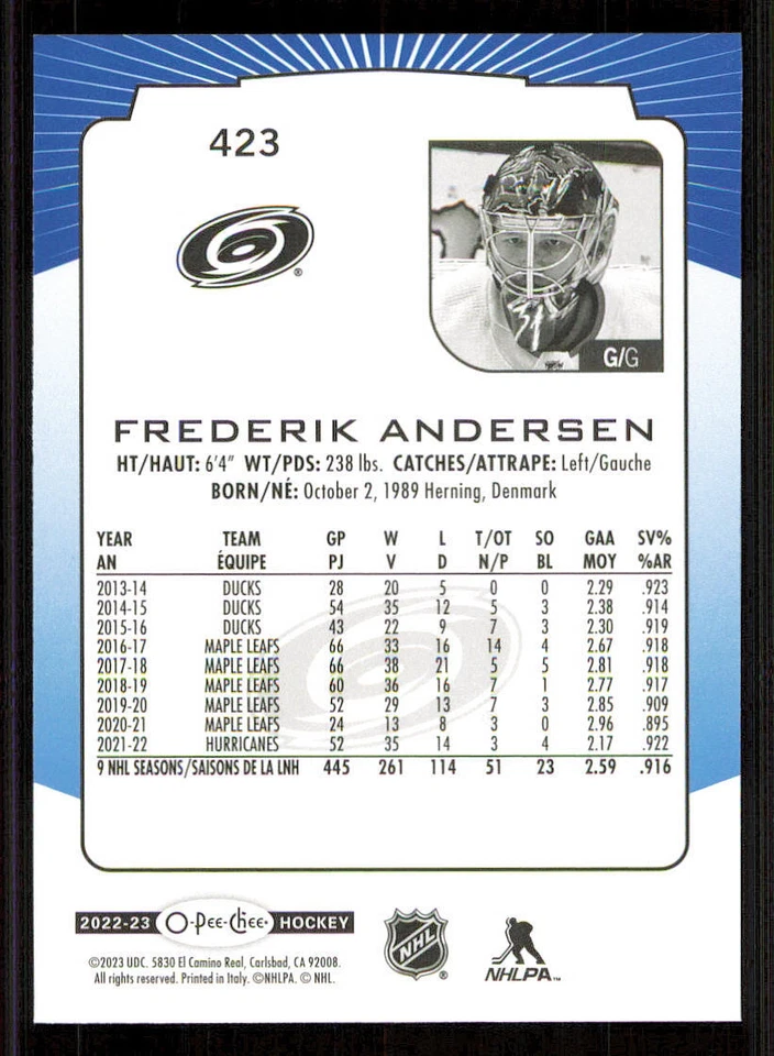 2022-23 O-Pee-Chee Blue #423 Frederik Andersen - Image 2 of 2