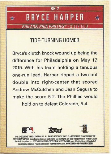 2019 TOPPS # BH-7 - BRYCE HARPER -PHILADELPHIA PHILLIES - Picture 2 of 2