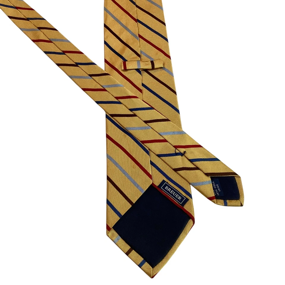 BREUER Men's 100% Silk XL Necktie FRANCE Designer STRIPED Yellow/Blue/Red/Brown - Image 3 of 3