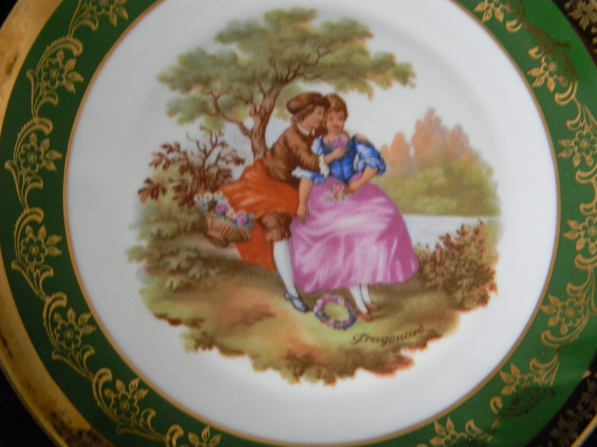 Limoges Fragonard Courting Couple Plate Green With Gold Etching