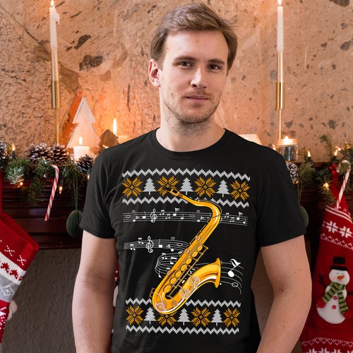 Saxophone Christmas T Shirt Instrument Him Brass Fair Isle Saxophonist Mens - Picture 2 of 11