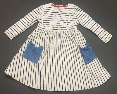 Girl's Joules Striped Dress w/Polka Dots and Denim Pockets Size 5 EUC