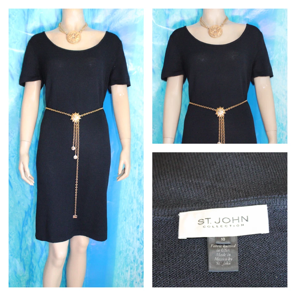 St. John Collection Knits Black Dress L 12 10 Short Sleeved Sheath Knee Length