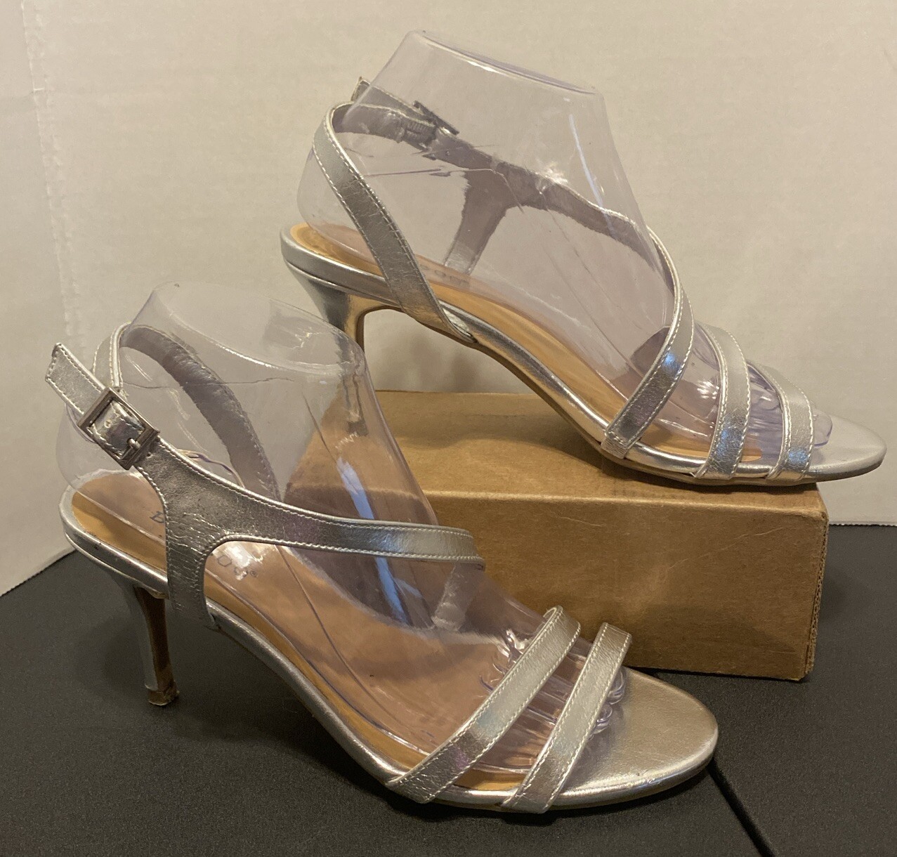 BAMBOO Womens Sz 8 Silver Strappy Ankle Heels Casual Man Made-image
