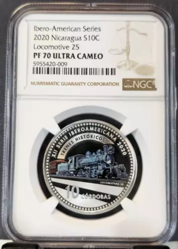 2020 NICARAGUA SILVER 10 CORDOBAS S10C LOCOMOTIVE 25 NGC PF 70 ULTRA CAMEO RARE
