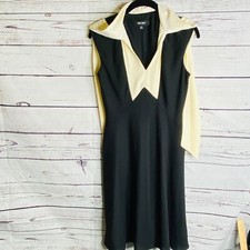 Vtg Nine West Dress Womens 4 Sleeveless Scarf Block V Neck  Black Ivory Classic