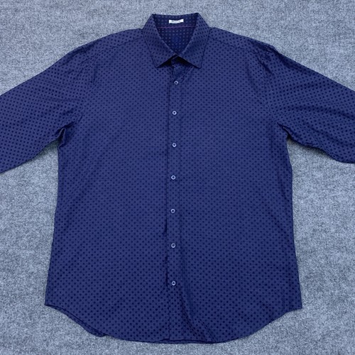 Bugatchi Shirt L Large Shaped Fit Blue Dot Long Sleeve Shirt - Picture 4 of 9