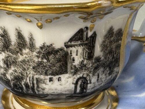 19thc. Old Paris Porcelain Style Blue & Gold 8-Pc TEA SET for TWO w/Landscape - Picture 16 of 18