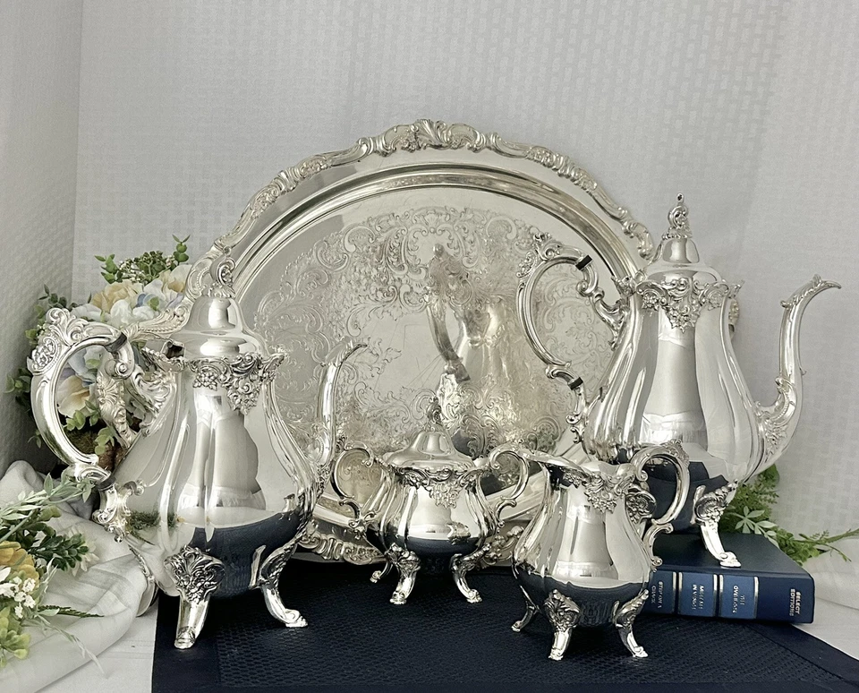 Juego de servicio de té y café con plato de plata barroco Wallace con bandeja con patas juego de té Foto 4 de 4