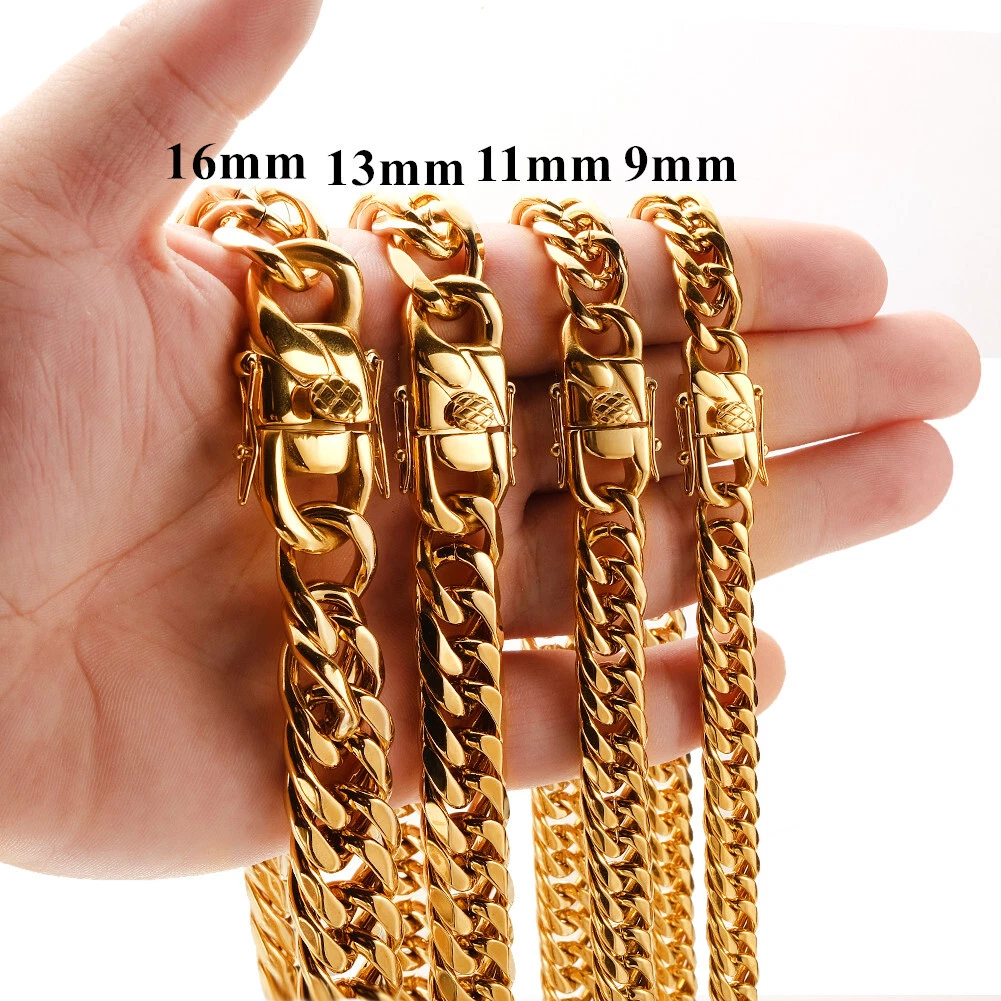 Men's Cuban Link Chain Necklace or Bracelet Stainless Steel Gold Chain  9-16MM