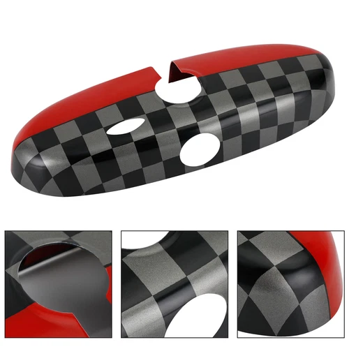 Blk/Grey Checkered Red Rear View Mirror Cover For BMW MINI Cooper R55 R56 R57