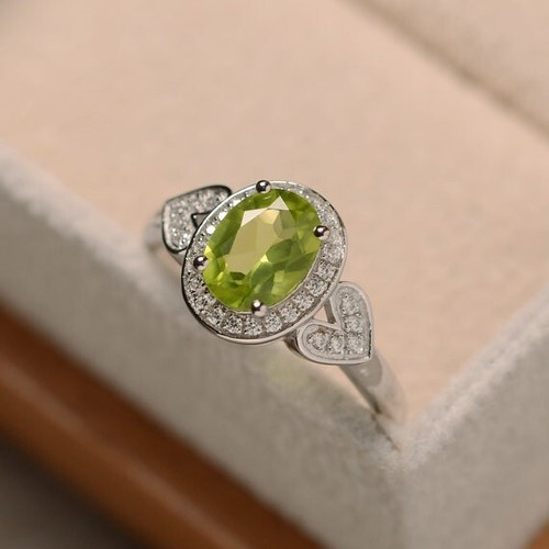 1.65 Carat Oval Cut Natural Peridot & Diamond Wedding Ring 925 Sterling Silver 7 - Picture 3 of 6