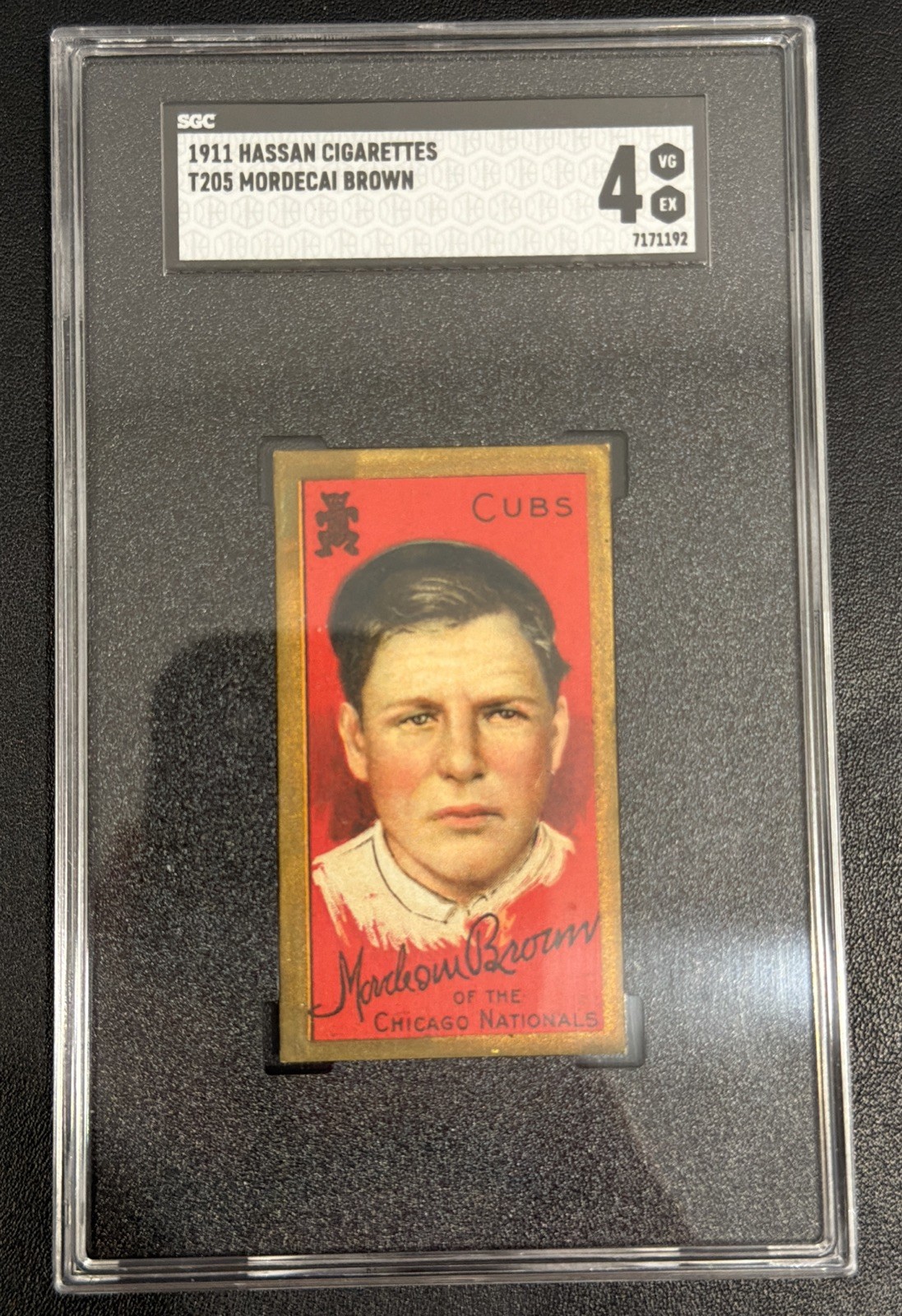 1911 T205 Gold Border Mordecai Brown SGC 4 Chicago Cubs HASSAN Back