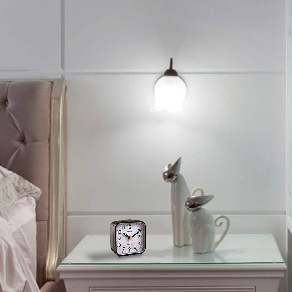 Small travel alarm clock silent analog snooze light black